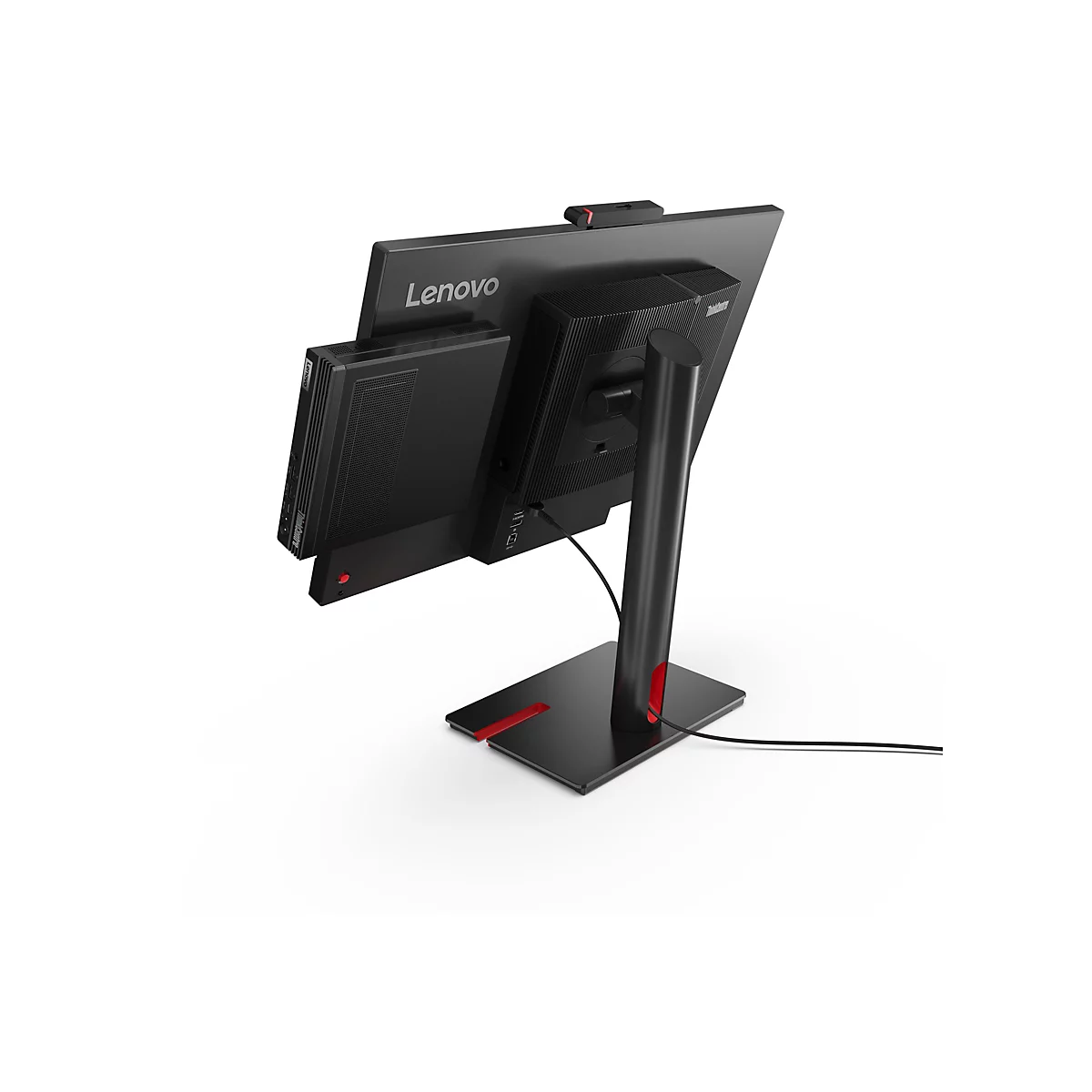 Schwarzer Lenovo-All-in-One-PC von hinten. Der Bildschirm ist auf einem StandfuÃŸ befestigt. Ein kleiner PC ist an der RÃ¼ckseite des Bildschirms befestigt.