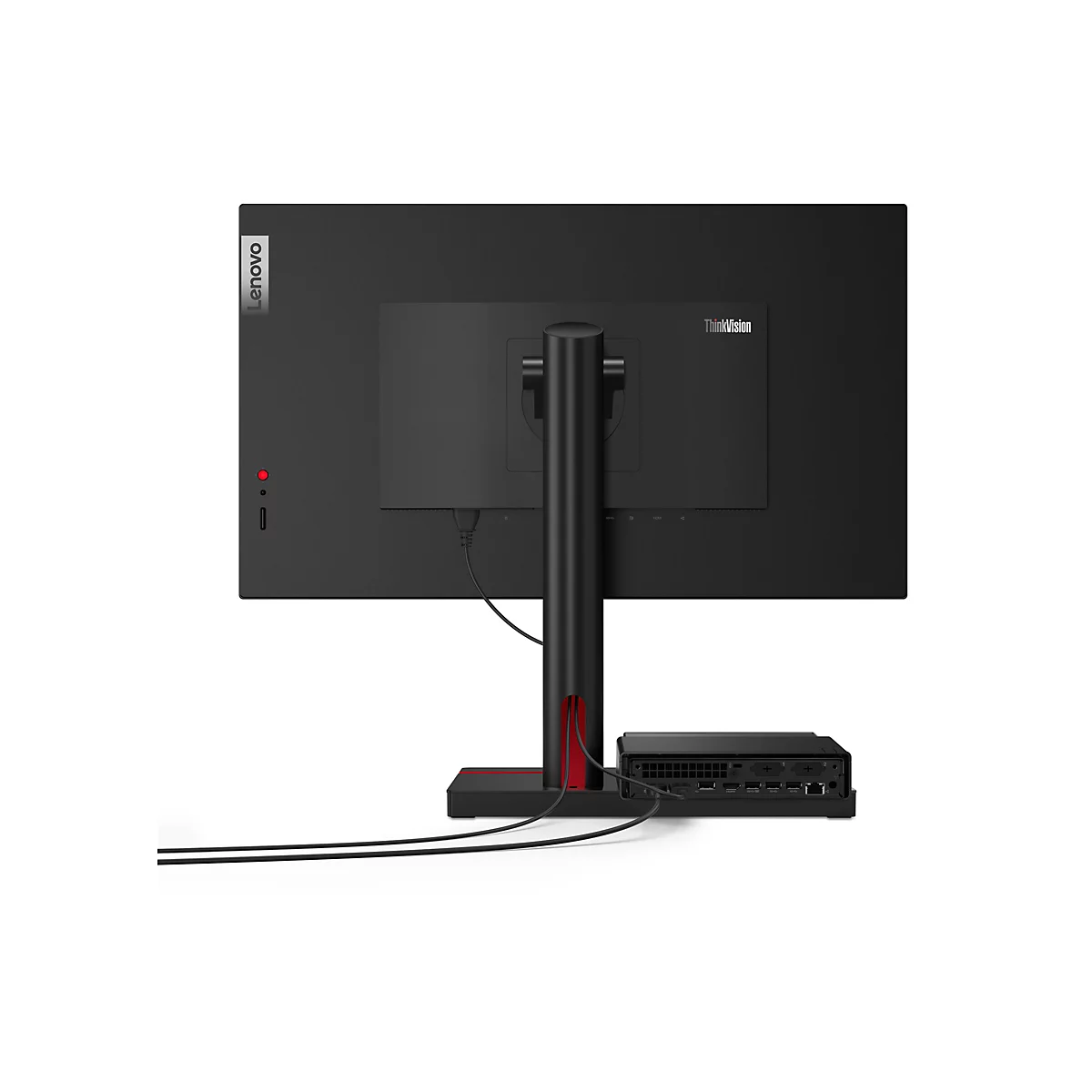 Die RÃ¼ckseite eines schwarzen Lenovo ThinkCentre-Computers. Er ist mit einem StÃ¤nder, einem Mini-PC und Kabeln ausgestattet.