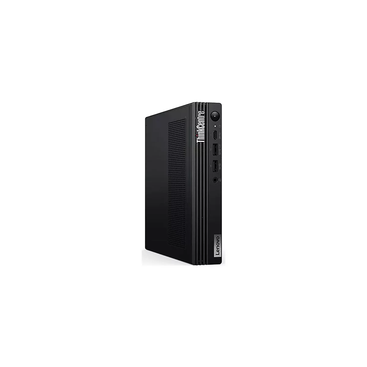 Schwarzer Lenovo ThinkCentre Mini-PC, vertikal stehend. Mit ThinkCentre und Lenovo-Logo.