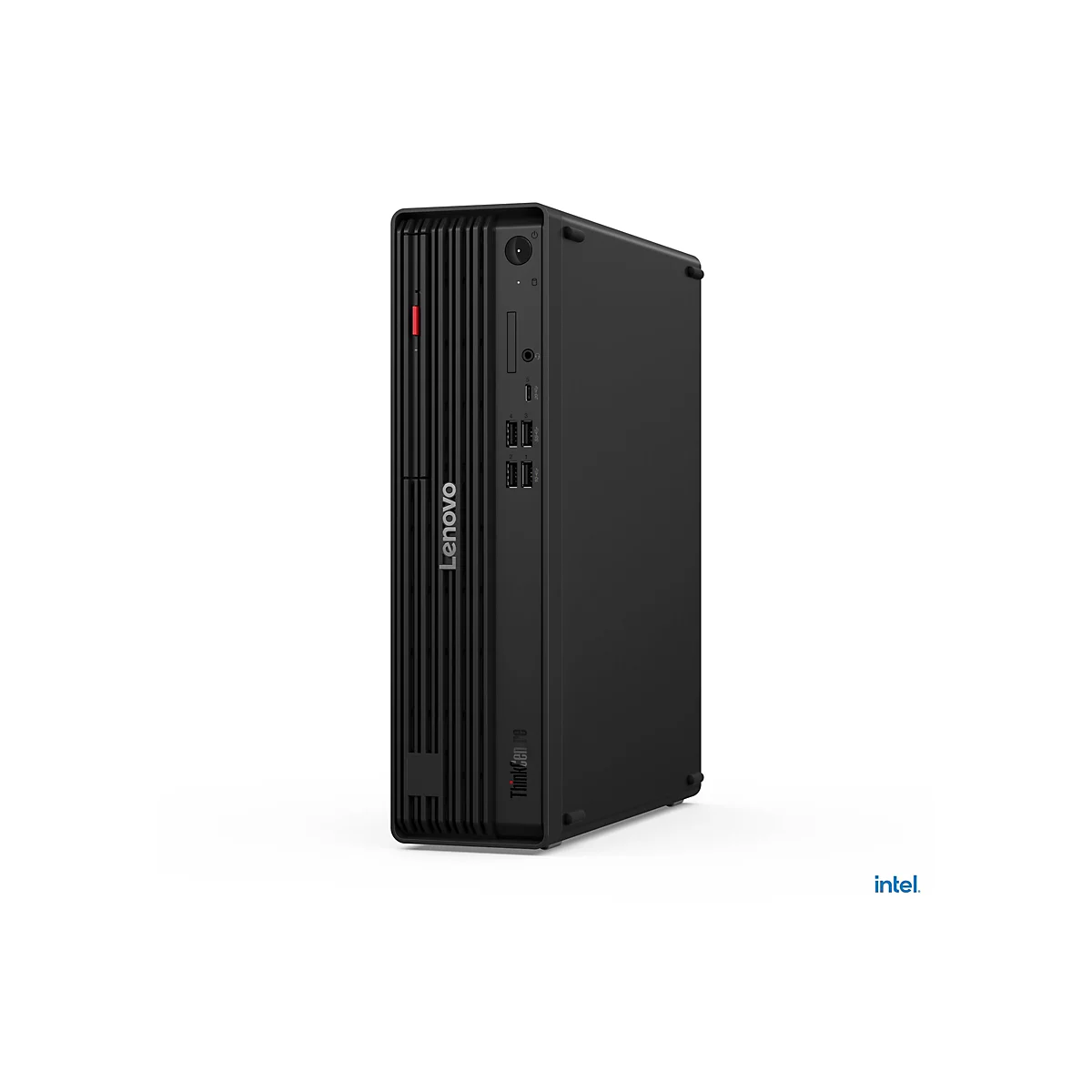 Schwarzer Lenovo ThinkCentre Computer, Ansicht von vorne.