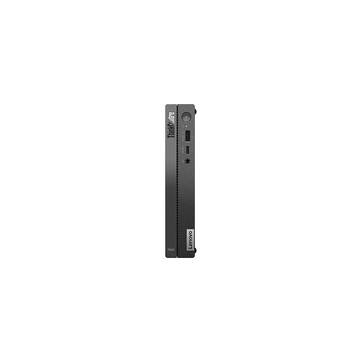 Schwarzer Lenovo ThinkCentre-Mini-PC, seitlich. Oben ThinkCentre, unten Lenovo.