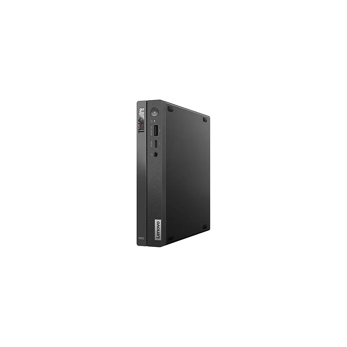 Schwarzer Lenovo ThinkCentre Neo Desktop-PC mit Ports, Logo, und Einschaltknopf.
