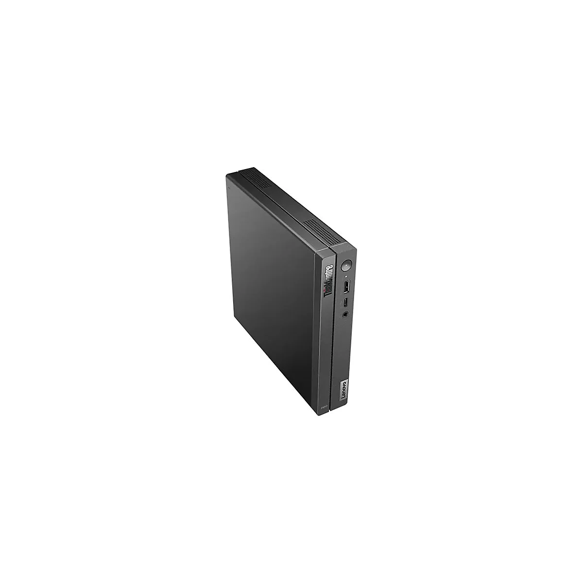 Ein schwarzer ThinkCentre-Desktop-PC, seitlich betrachtet. Auf der Seite befinden sich Anschlüsse und das Lenovo-Logo.