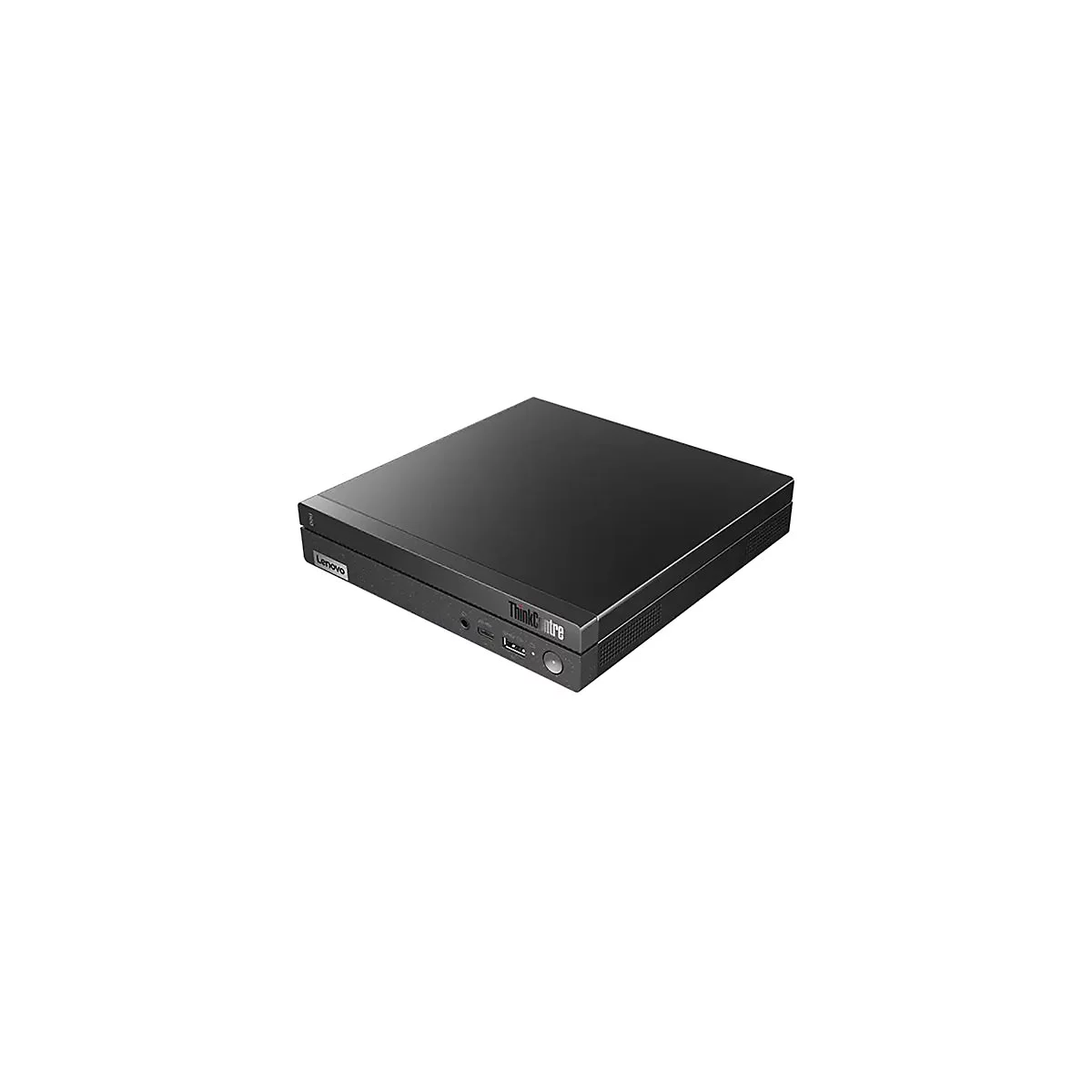 Schwarzer Lenovo ThinkCentre Desktop-PC. Aufschrift: Lenovo, ThinkCentre.
