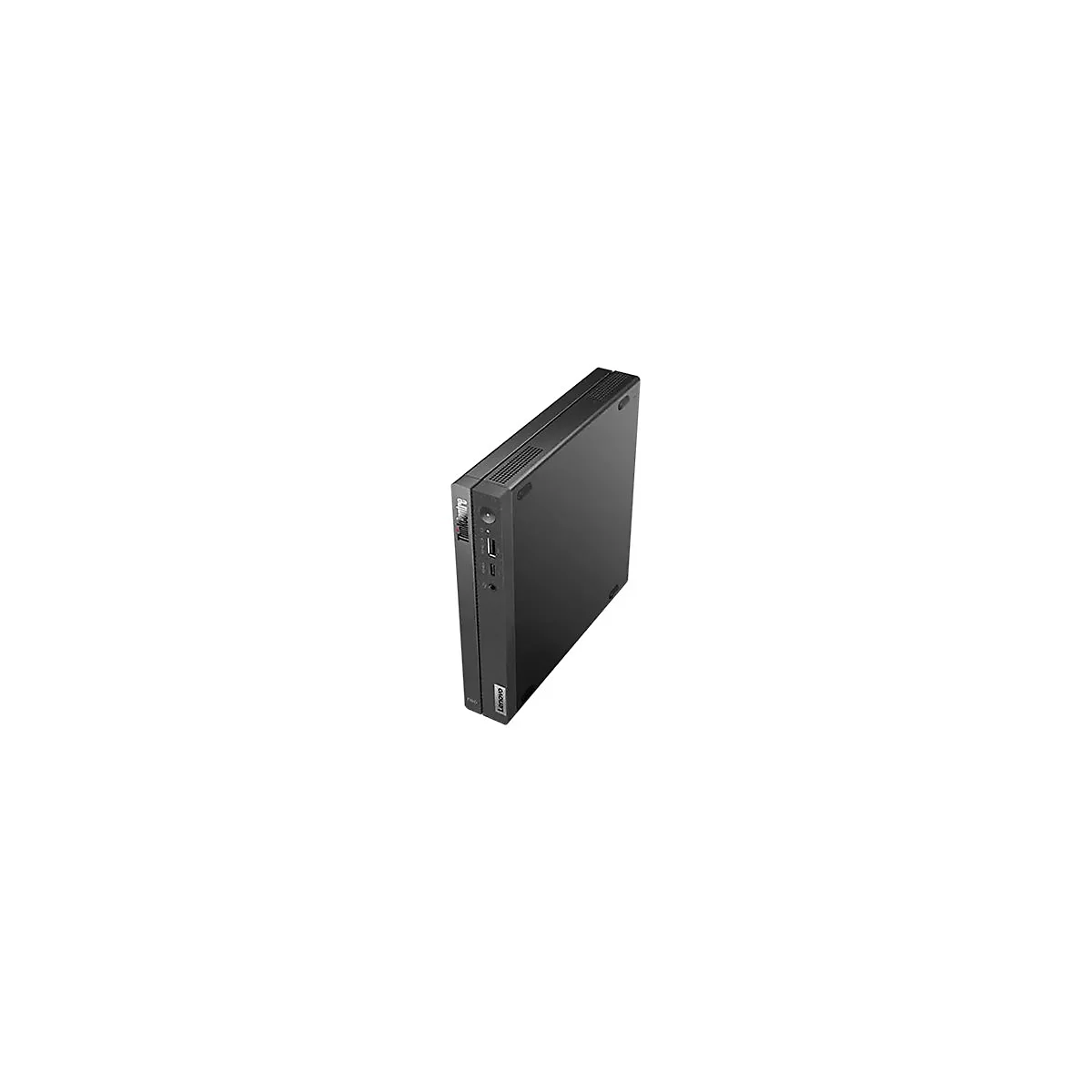 Schwarzer Lenovo ThinkCentre Mini-PC. Vorne: Anschlüsse, ThinkCentre-Logo. Auf weißem Hintergrund.