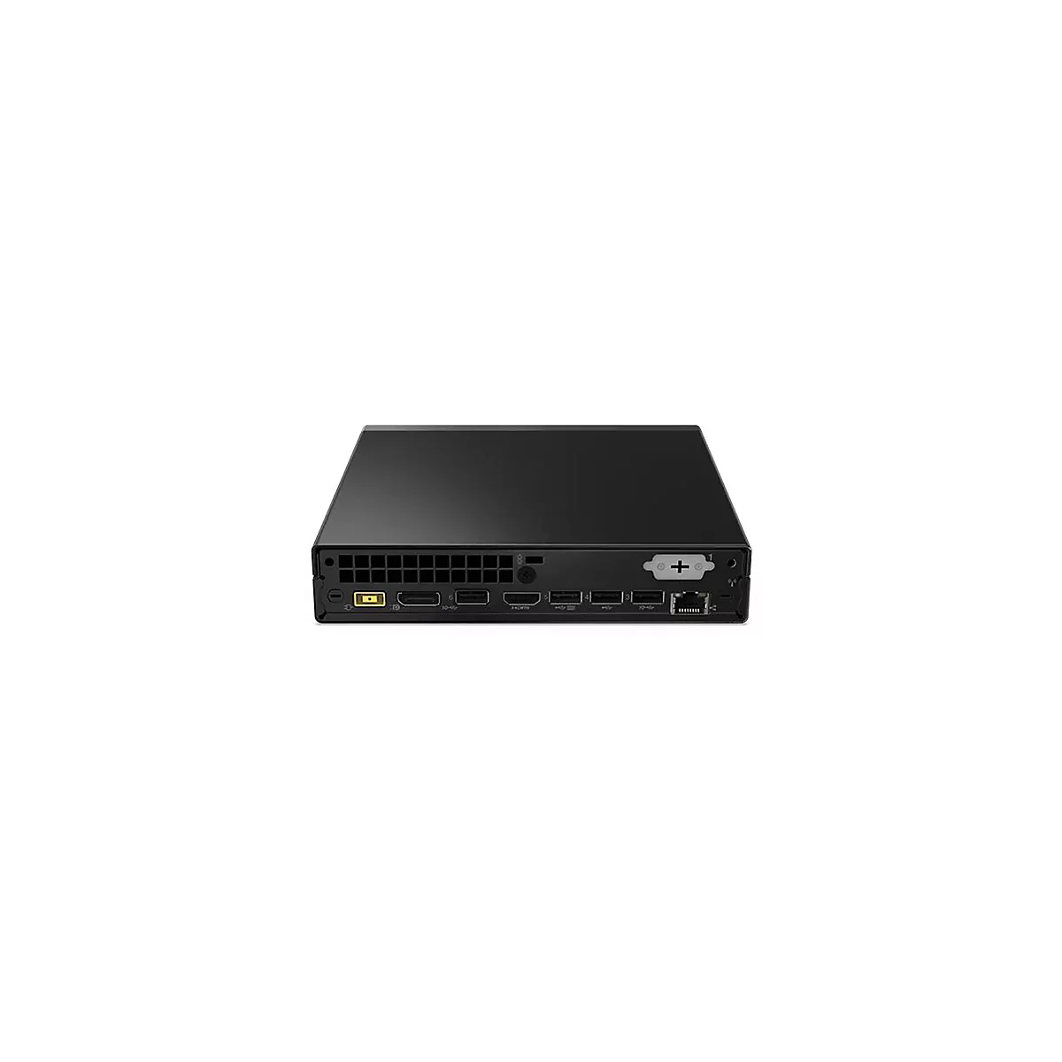 Schwarzer Mini-PC mit Anschlüssen, darunter HDMI, USB und Ethernet.