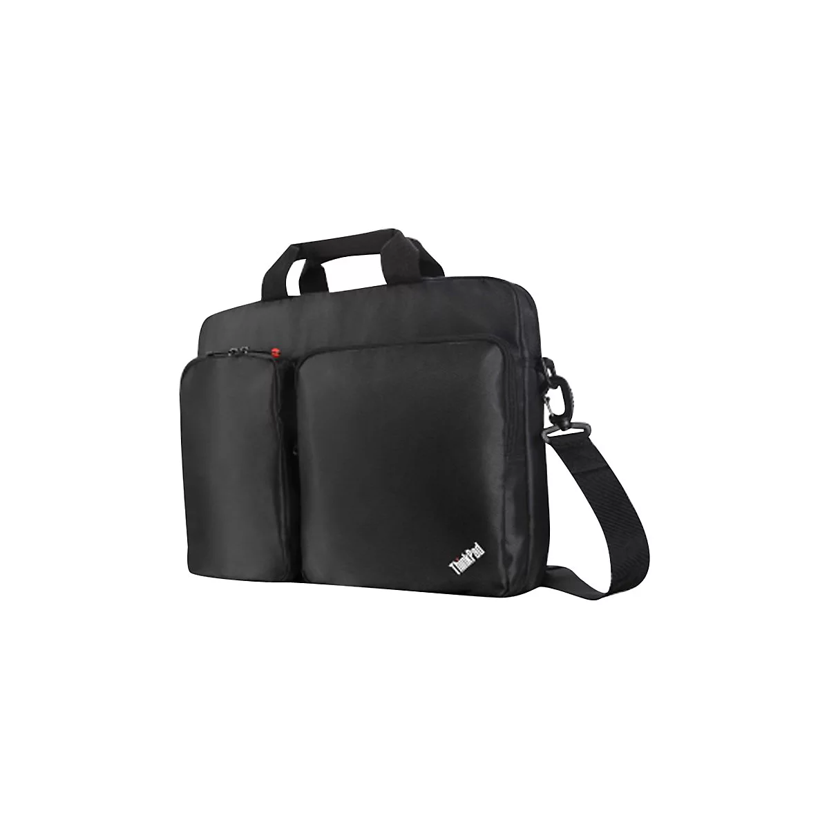 Schwarze Laptoptasche mit Schulterriemen und Tragegriff. Auf der Vorderseite zwei FÃ¤cher mit ReiÃŸverschluss, ThinkPad Logo.