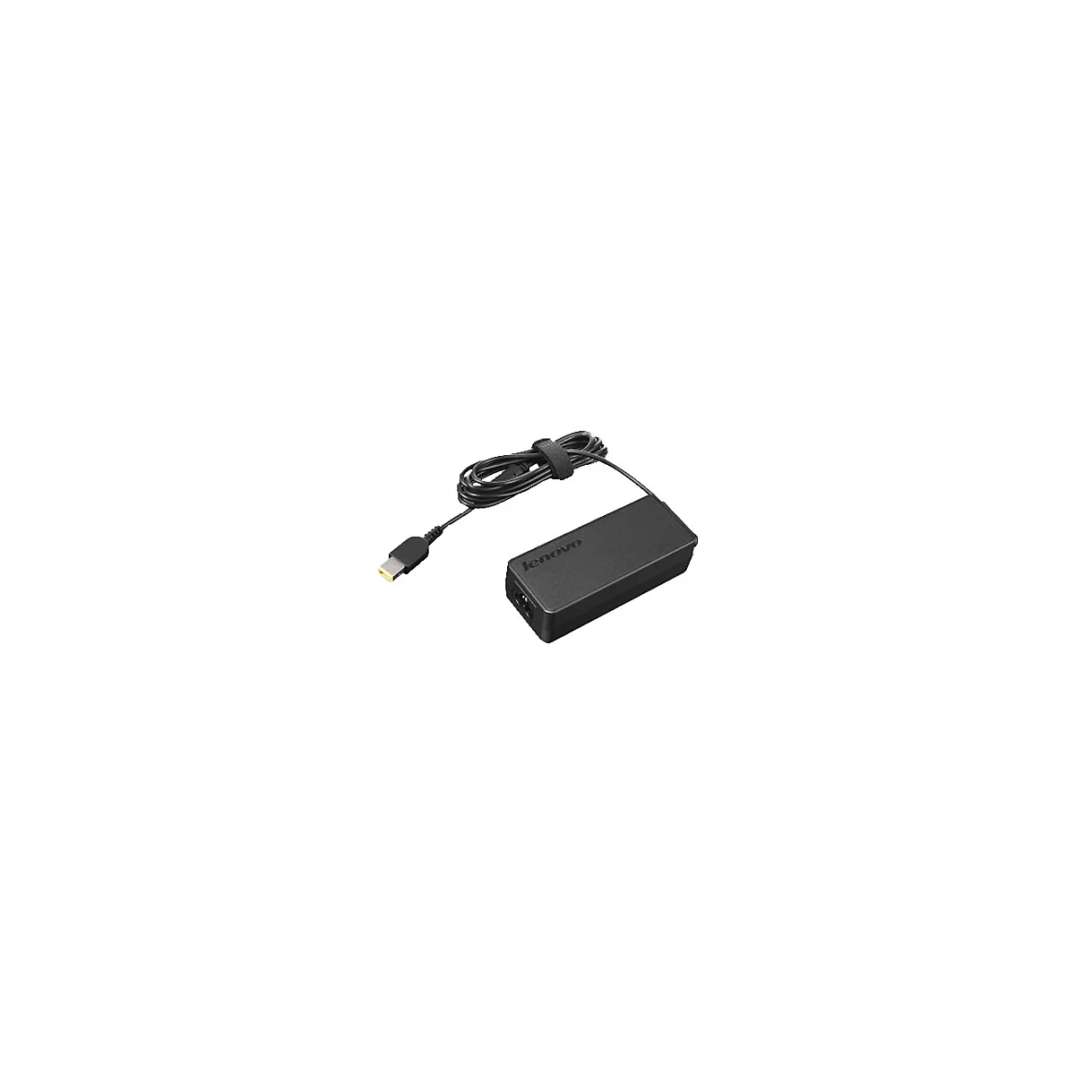 Schwarzes Lenovo-Netzteil mit Kabel. Der Stecker und die Aufschrift Lenovo sind zu sehen.