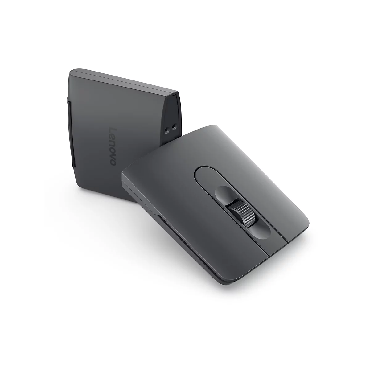 Dunkelgraue Lenovo-Maus, neben einem dazugehörigen Dongle. Der Mausrücken hat ein Scrollrad.