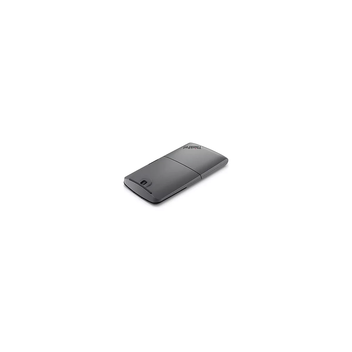 Dunkelgraue, flache ThinkPad Bluetooth-Maus in der Rückansicht auf weißem Hintergrund.
