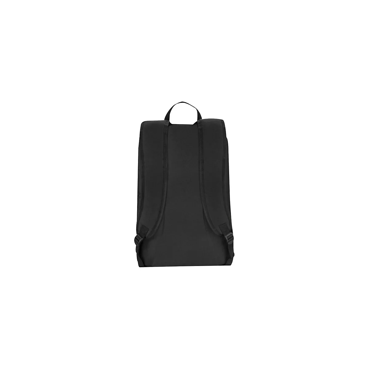 Schwarzer Rucksack von hinten, mit Trägern und Tragegriff. Auf weißem Hintergrund.