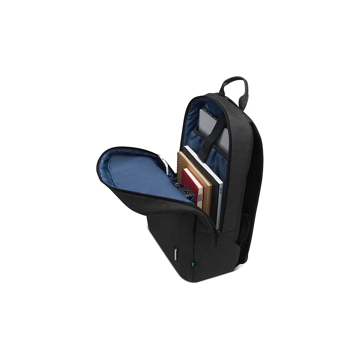 Schwarzer Rucksack, geöffnet, mit Laptop, Büchern und Zubehör. Innen blaues Futter, graues Außenmaterial, Lenovo-Logo.