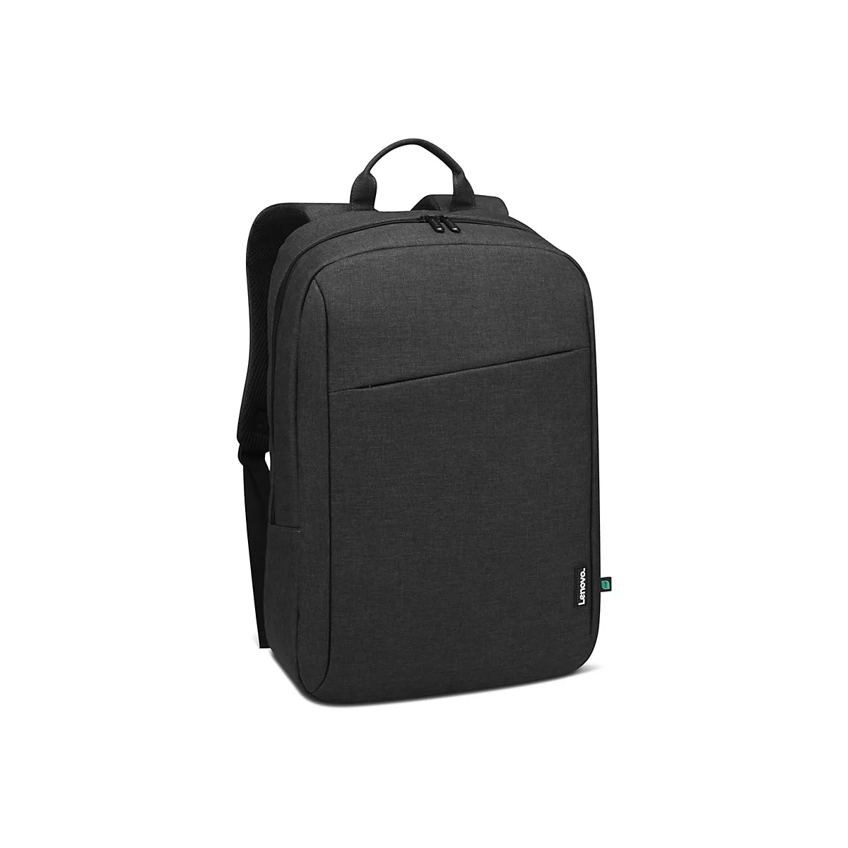 Schwarzer Lenovo Rucksack, Details mit Tragegriff, Schultergurte, Fronttasche, Logo.