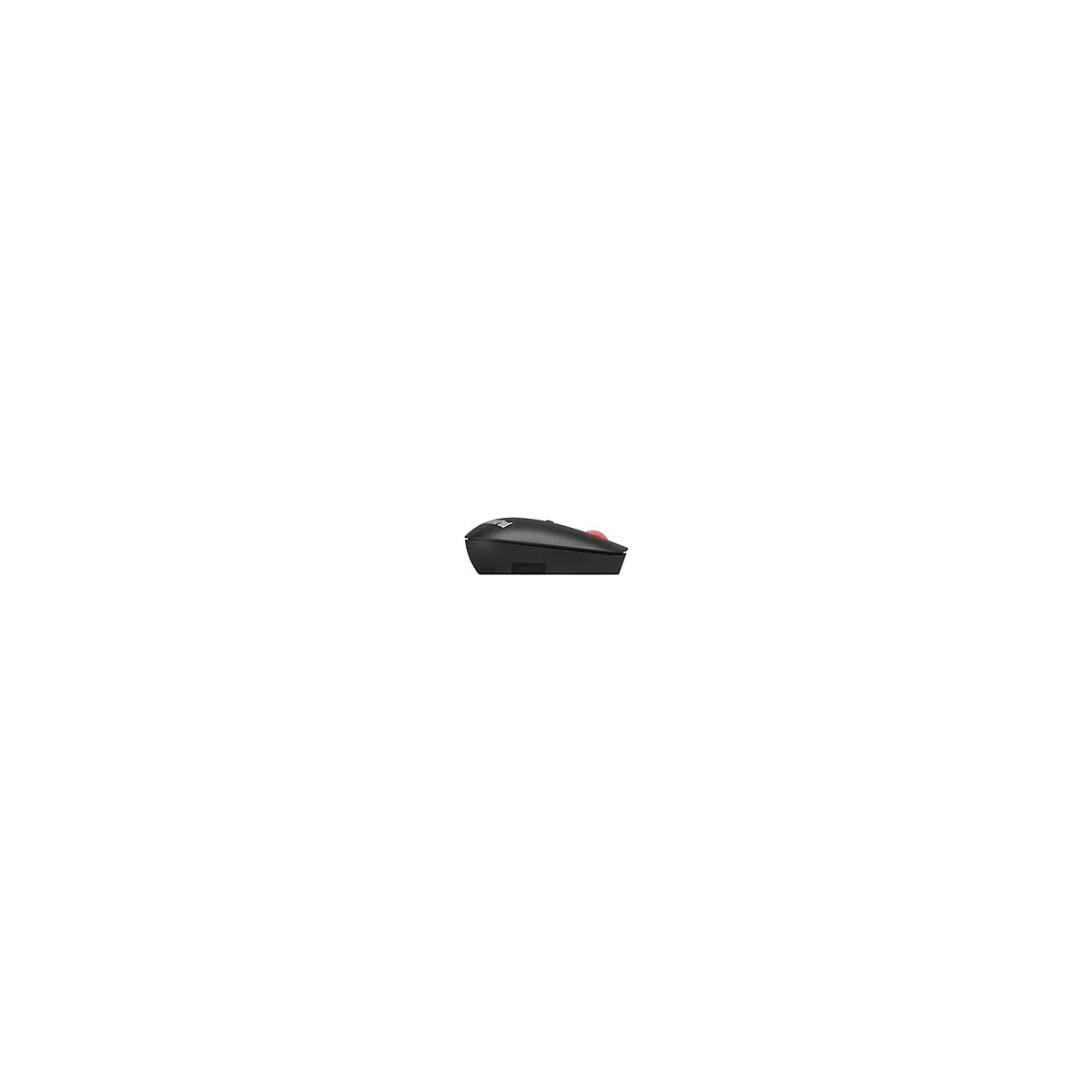 Schwarze Maus, rote Scrollrad, Lenovo-Logo. ThinkPad-Logo.