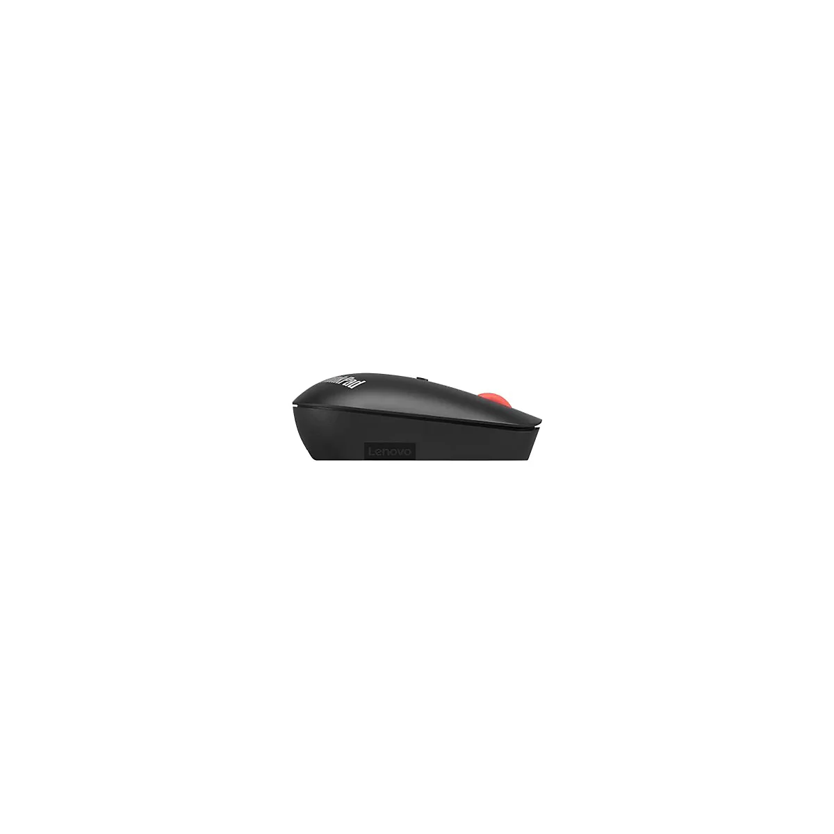 Schwarze Lenovo ThinkPad Funkmaus in Seitenansicht vor weißem Hintergrund mit rotem Scrollrad.