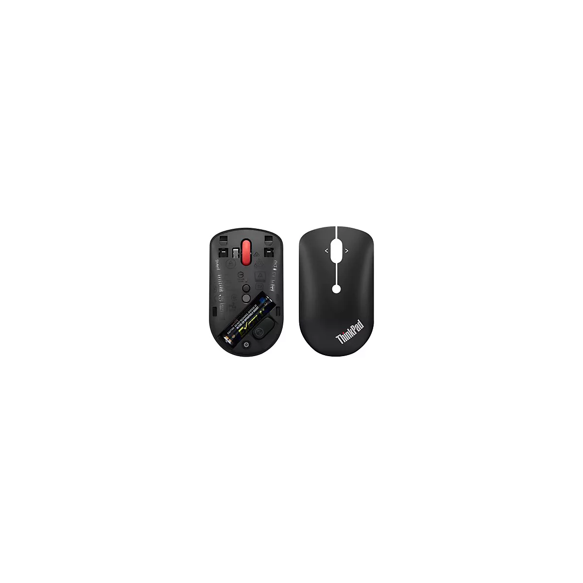Vue d'une souris ThinkPad noire. Sur la gauche, le dessous avec une partie rouge et une batterie est visible. Sur la droite, le dessus avec le logo ThinkPad.