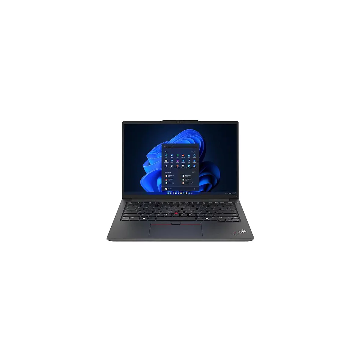 Schwarzer Laptop, geöffnet. Bildschirm zeigt Windows 11 Oberfläche. Tastatur mit rotem Trackpoint und Touchpad.