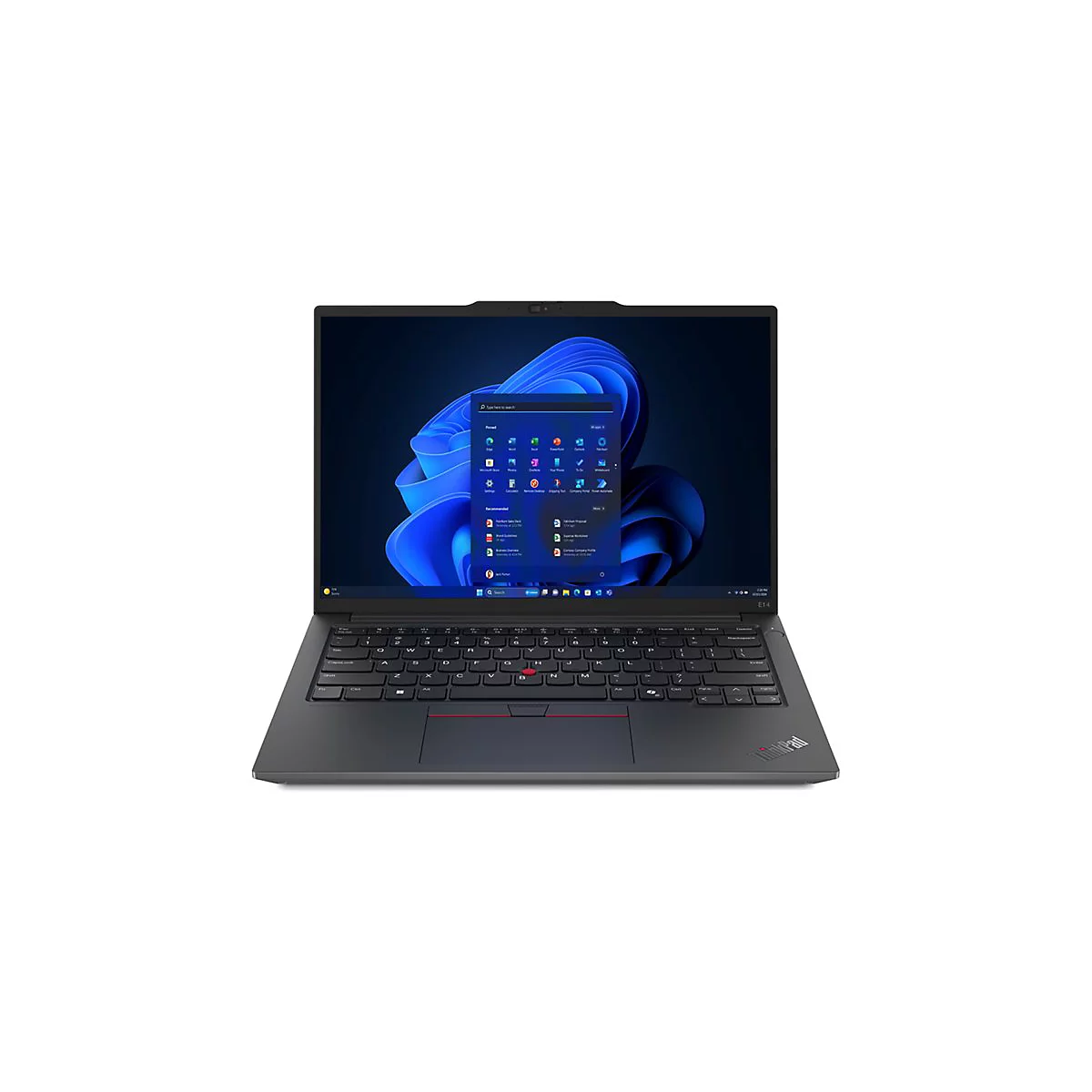 Schwarzer Laptop mit offenem Bildschirm, Windows-OberflÃ¤che und rotem Trackpoint.