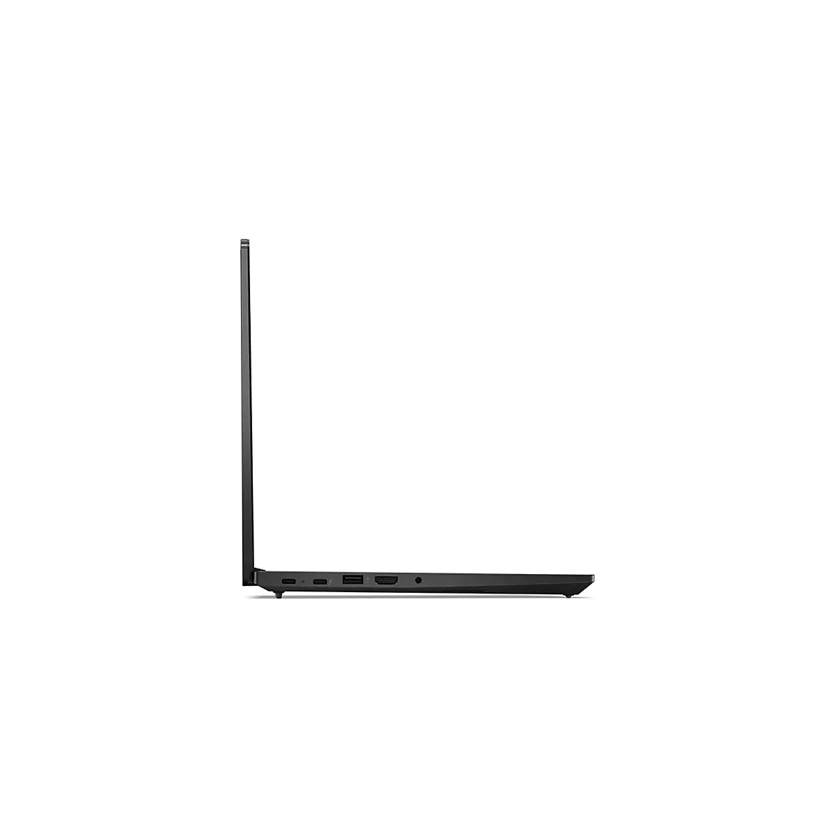 Schwarzes Laptop im Seitenprofil, offen. Auf der Unterseite befinden sich AnschlÃ¼sse.