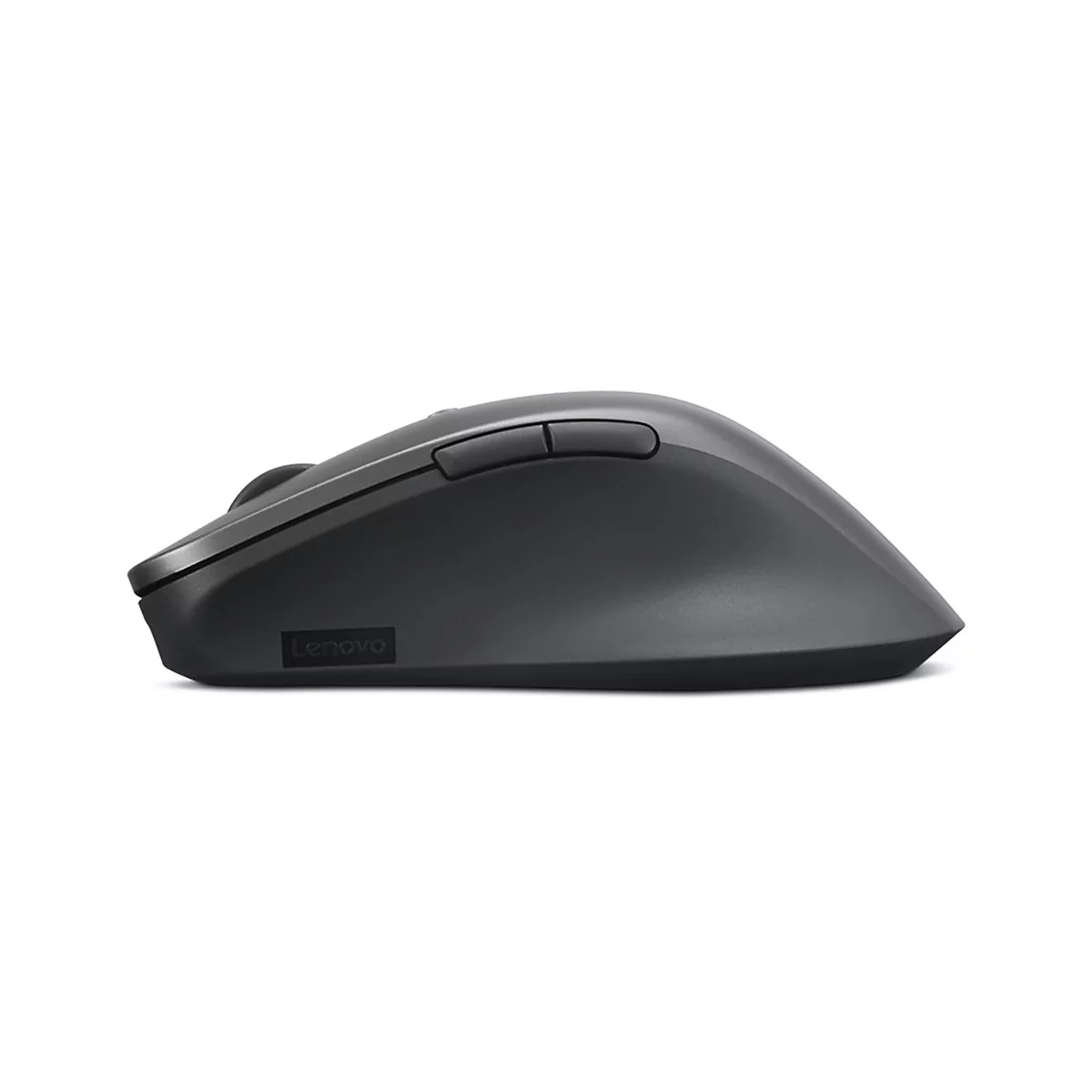 Souris d'ordinateur gris foncé, vue latérale. Deux boutons sur le dessus, logo Lenovo.