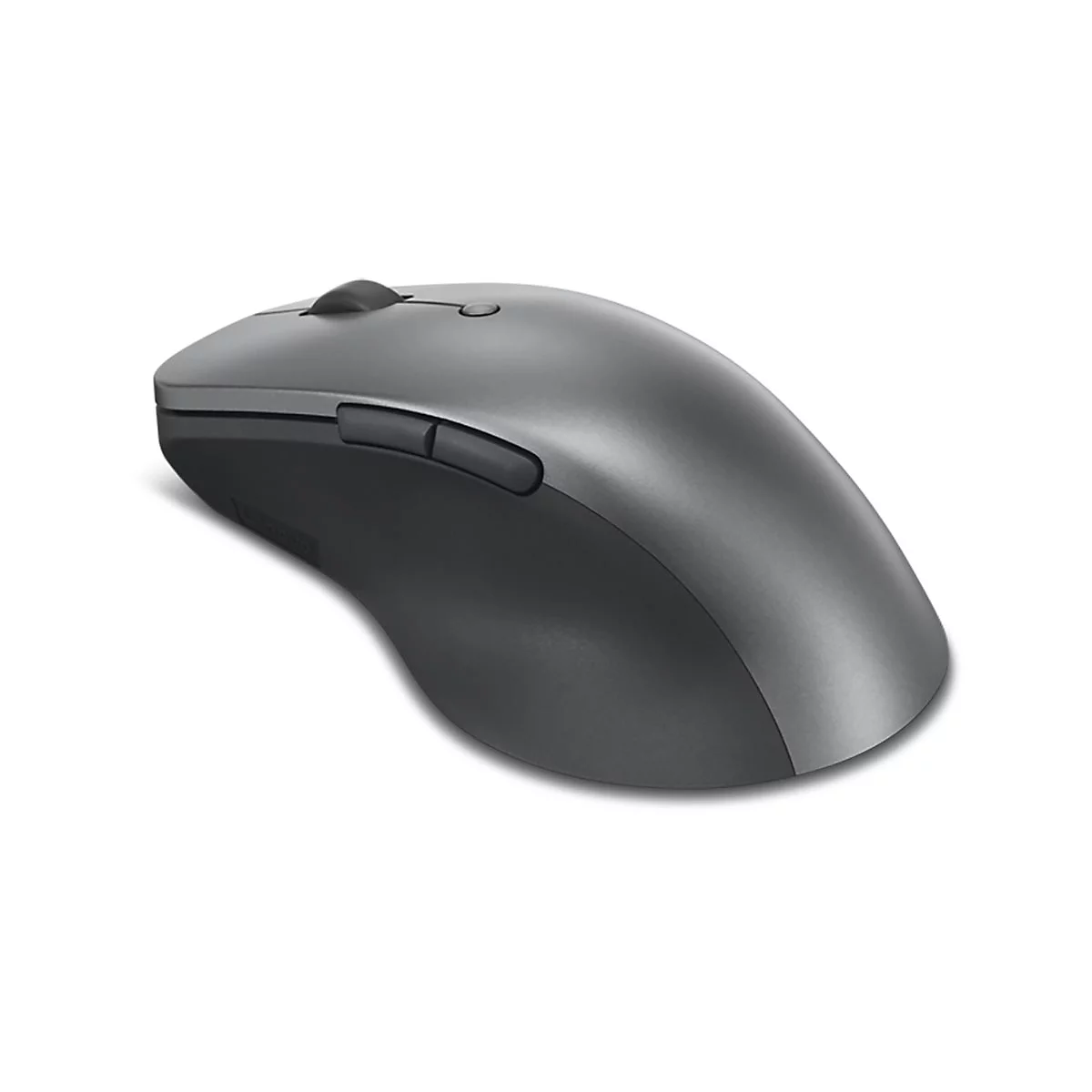 Souris d'ordinateur sans fil grise. Une molette de défilement et des boutons se trouvent sur le dessus.
