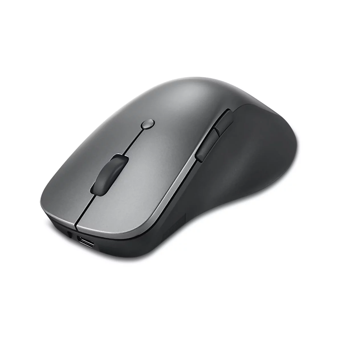 Souris d'ordinateur grise sans fil avec deux boutons, une molette de défilement et un port de charge.