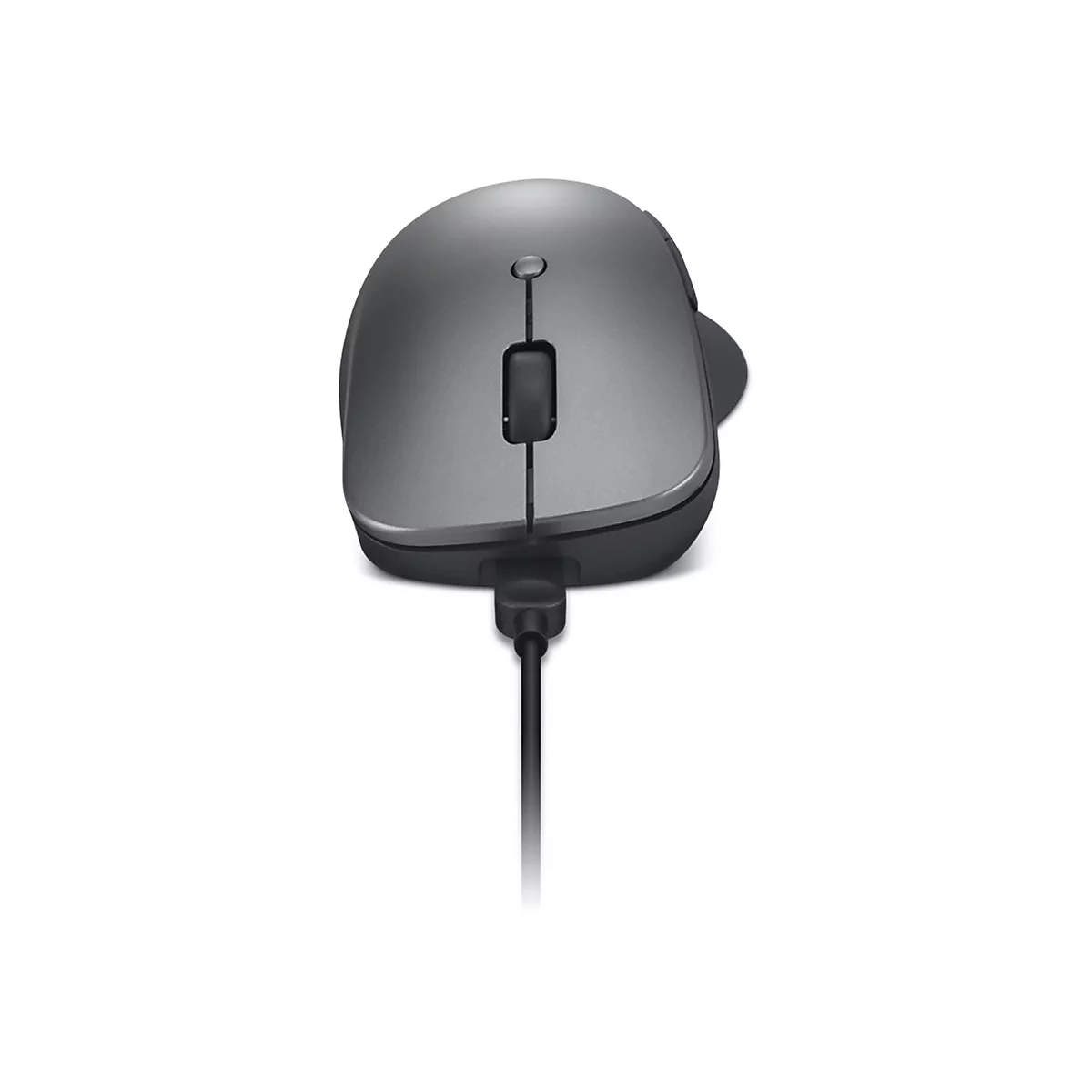 Souris d'ordinateur grise sans fil vue d'en haut. Une molette de défilement et un câble sont visibles.