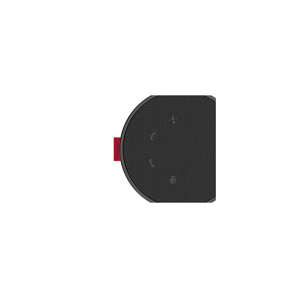 Gros plan sur un haut-parleur de conférence noir et rond avec un logo Lenovo rouge.