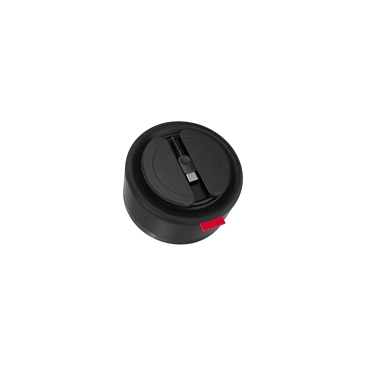 Chargeur noir et rond avec port USB-C intégré, bouton rouge. Vue détaillée.