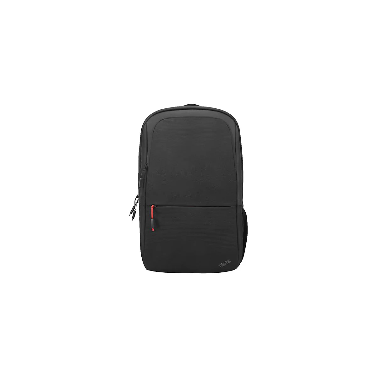 Schwarzer Rucksack mit rotem ReiÃŸverschluss, ThinkPad Logo.