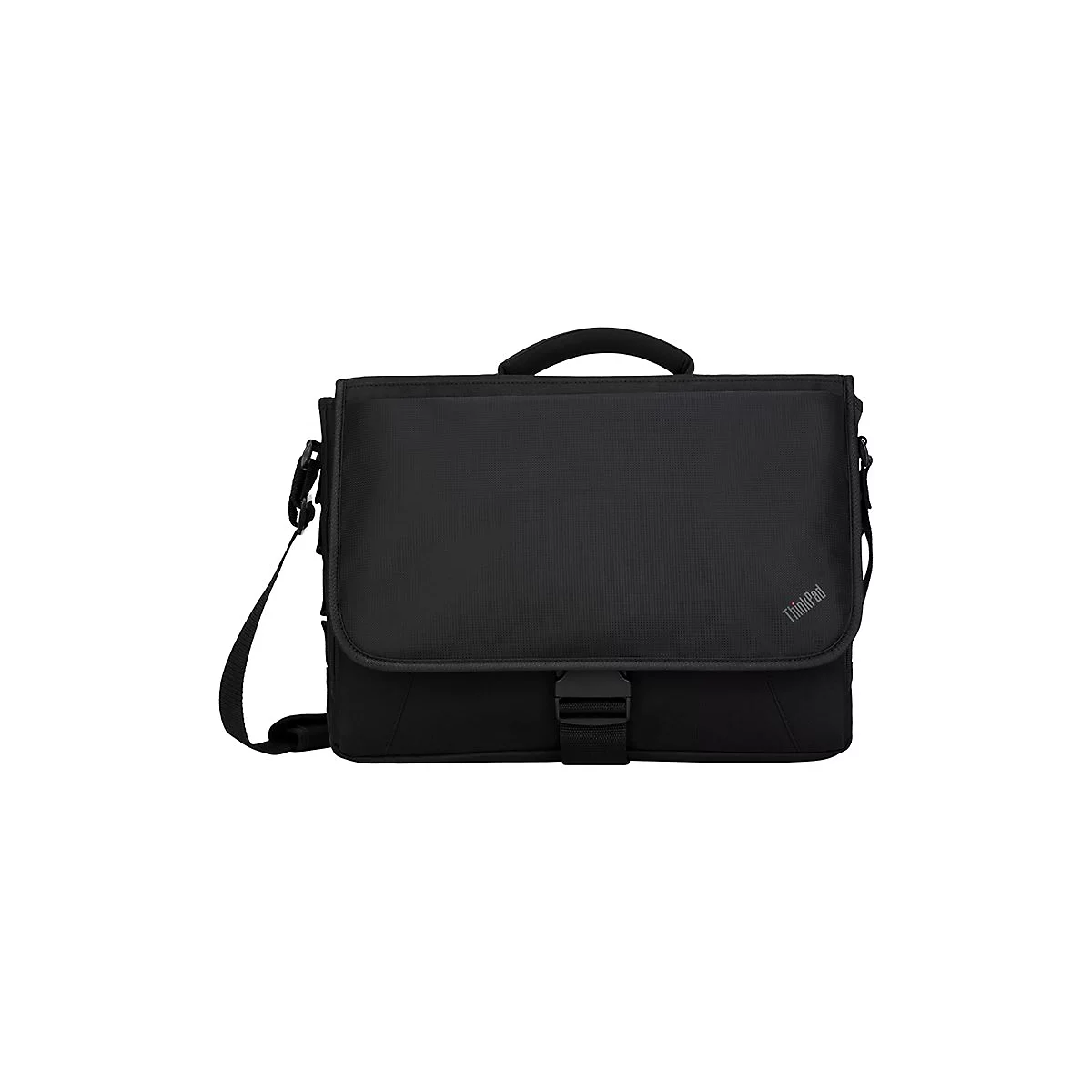 Schwarze ThinkPad Laptoptasche mit Schulterriemen, Schnallen und Tragegriff. Das ThinkPad-Logo ist sichtbar.