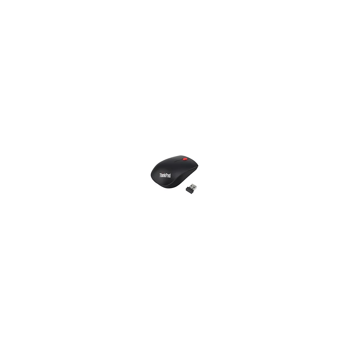 Schwarze ThinkPad-Maus mit rotem Scrollrad und USB-Dongle.