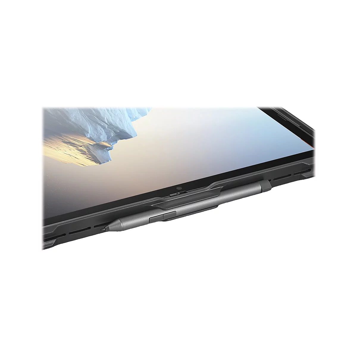 Nahaufnahme eines Tablet-Displays mit Stift. Der Bildschirm zeigt eine Landschaft mit Eis und Himmel.