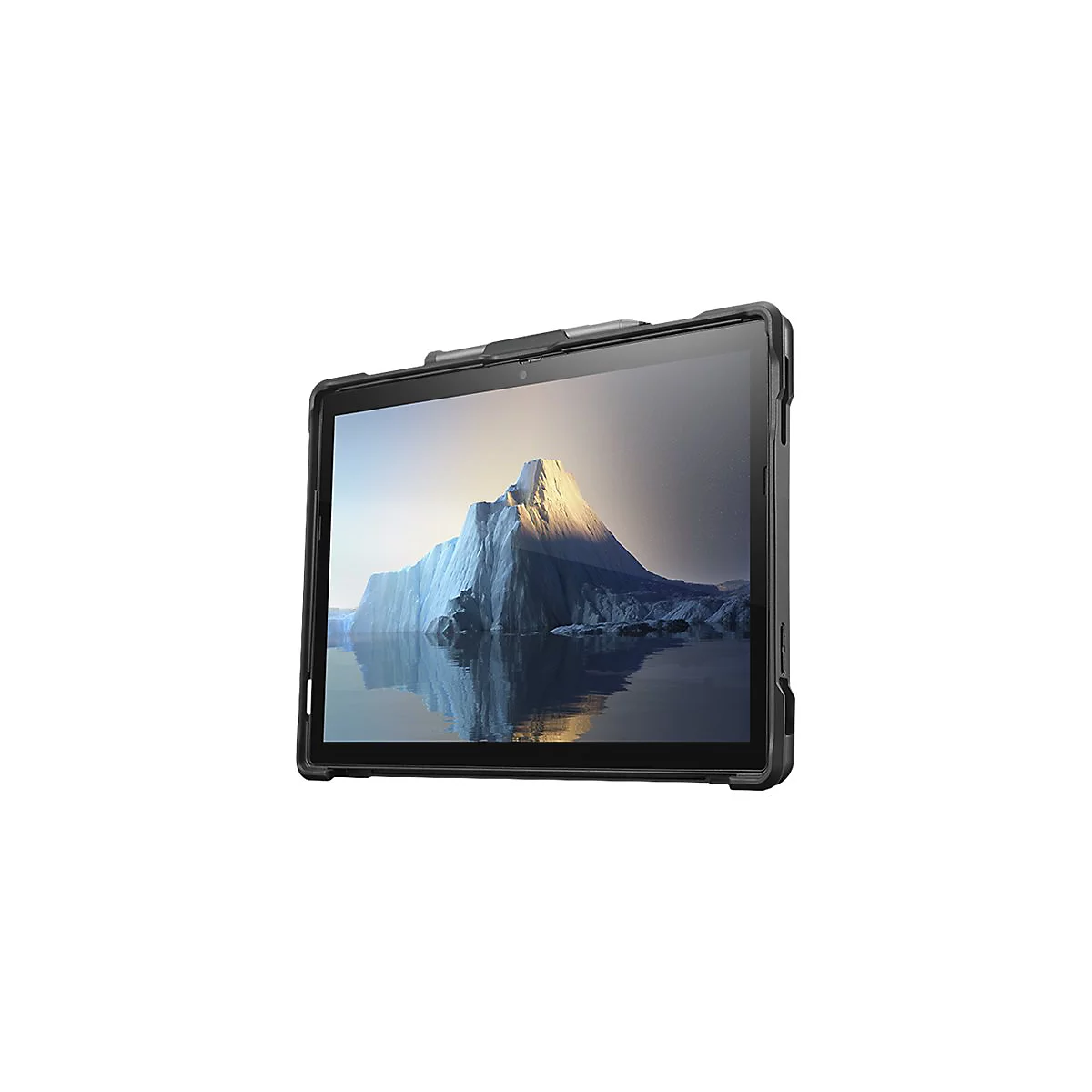 Schwarzes Tablet mit Schutzhülle. Auf dem Bildschirm ist ein Eisberg vor reflektierendem Wasser zu sehen.