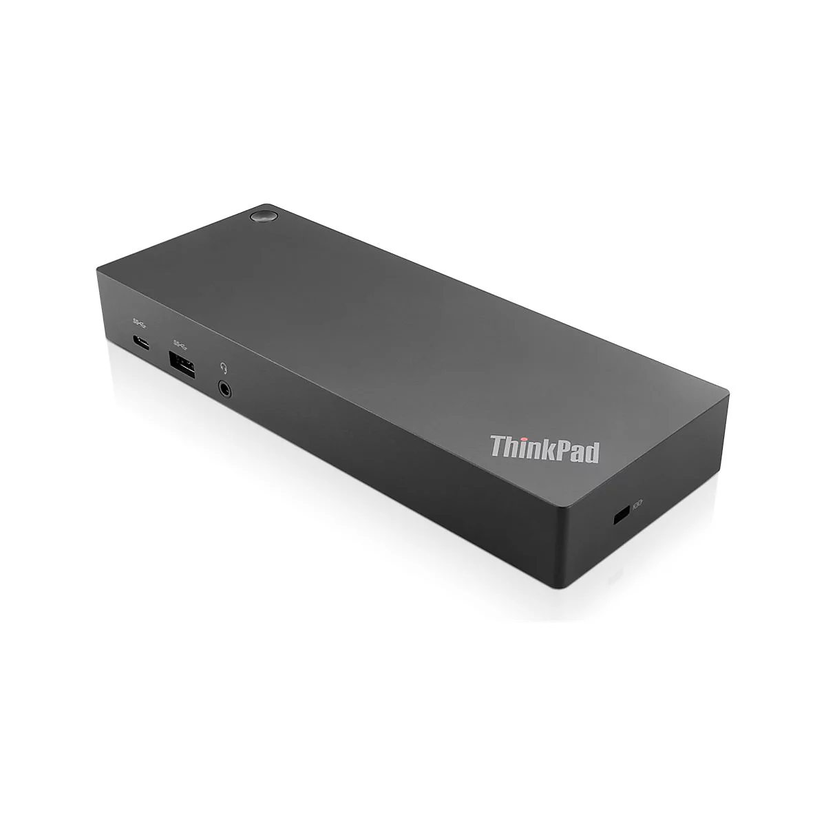 Schwarze ThinkPad-Dockingstation mit Anschlüssen, seitlich: USB-C, USB-A, Audio, und vorne: ThinkPad-Logo.