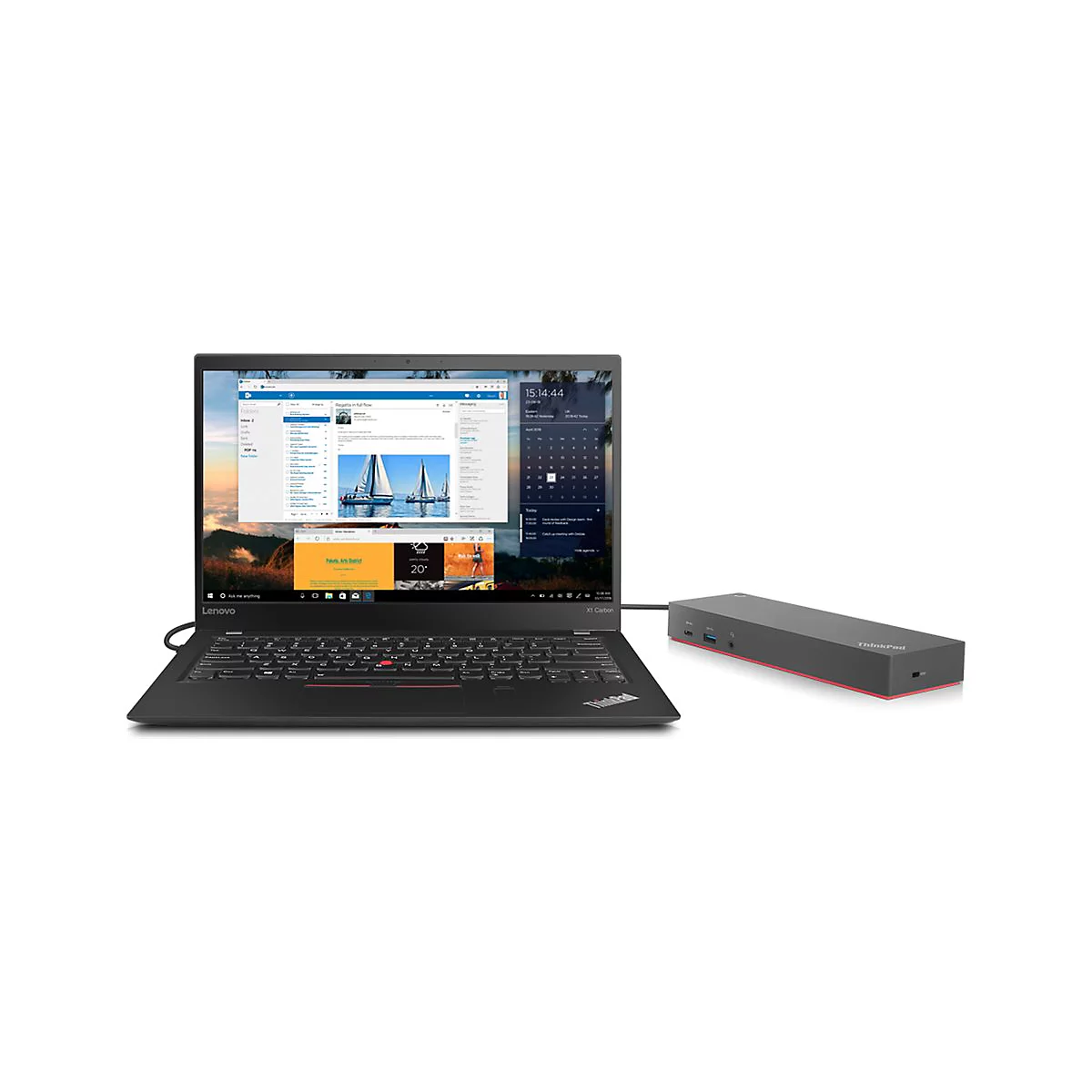Schwarzes Lenovo ThinkPad Laptop und ThinkPad Dockingstation. Auf dem Bildschirm sind mehrere geöffnete Fenster zu sehen.