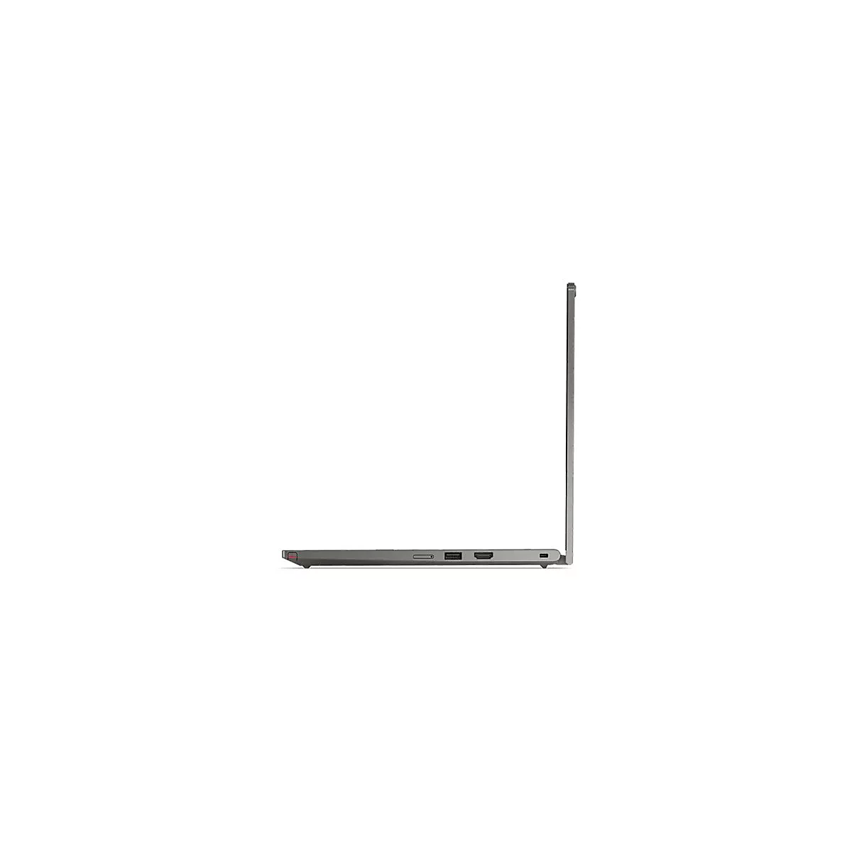 Grauer Laptop von der Seite, geöffnet. Schwarze Anschlüsse am Gehäuse, roter Akzent am Rand.