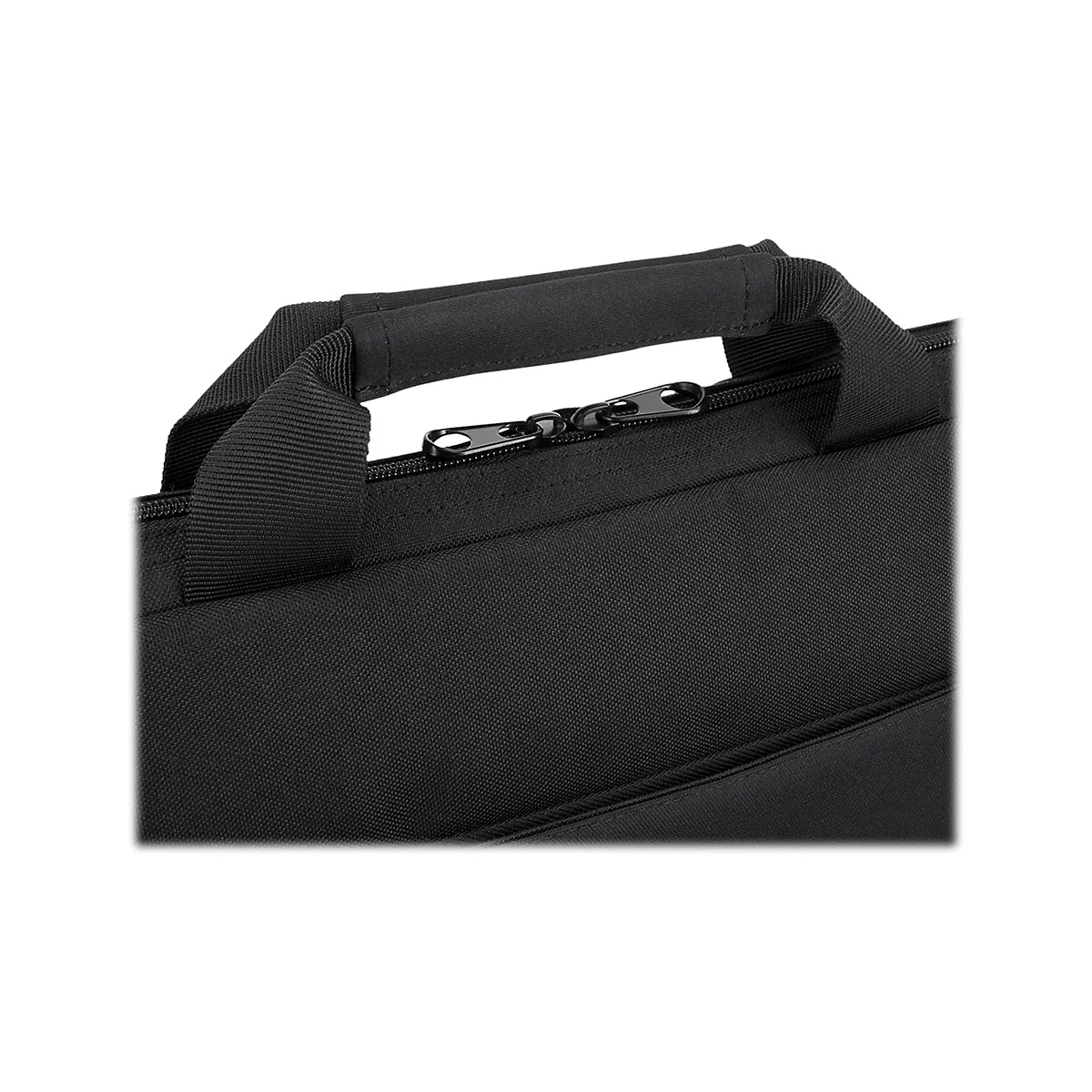 Gros plan d'un sac d'ordinateur portable noir avec poignée et fermeture éclair.