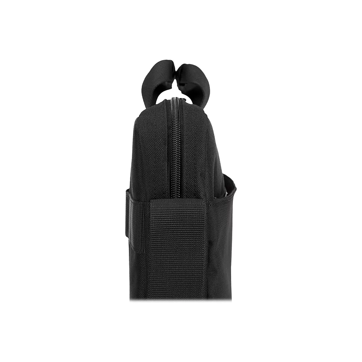 Sacoche pour ordinateur portable noire, gros plan latéral, fermeture éclair, poignée.