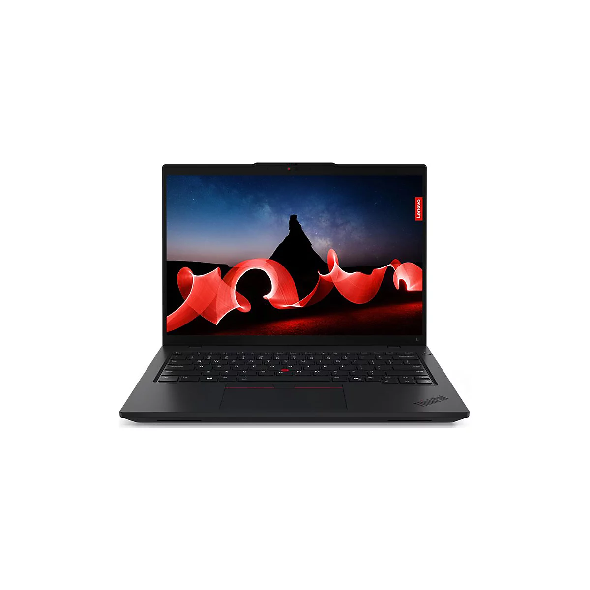 Schwarzer Laptop mit geÃ¶ffnetem Bildschirm, der eine rote Lichtspur vor einem Berg zeigt. Lenovo-Logo rechts.