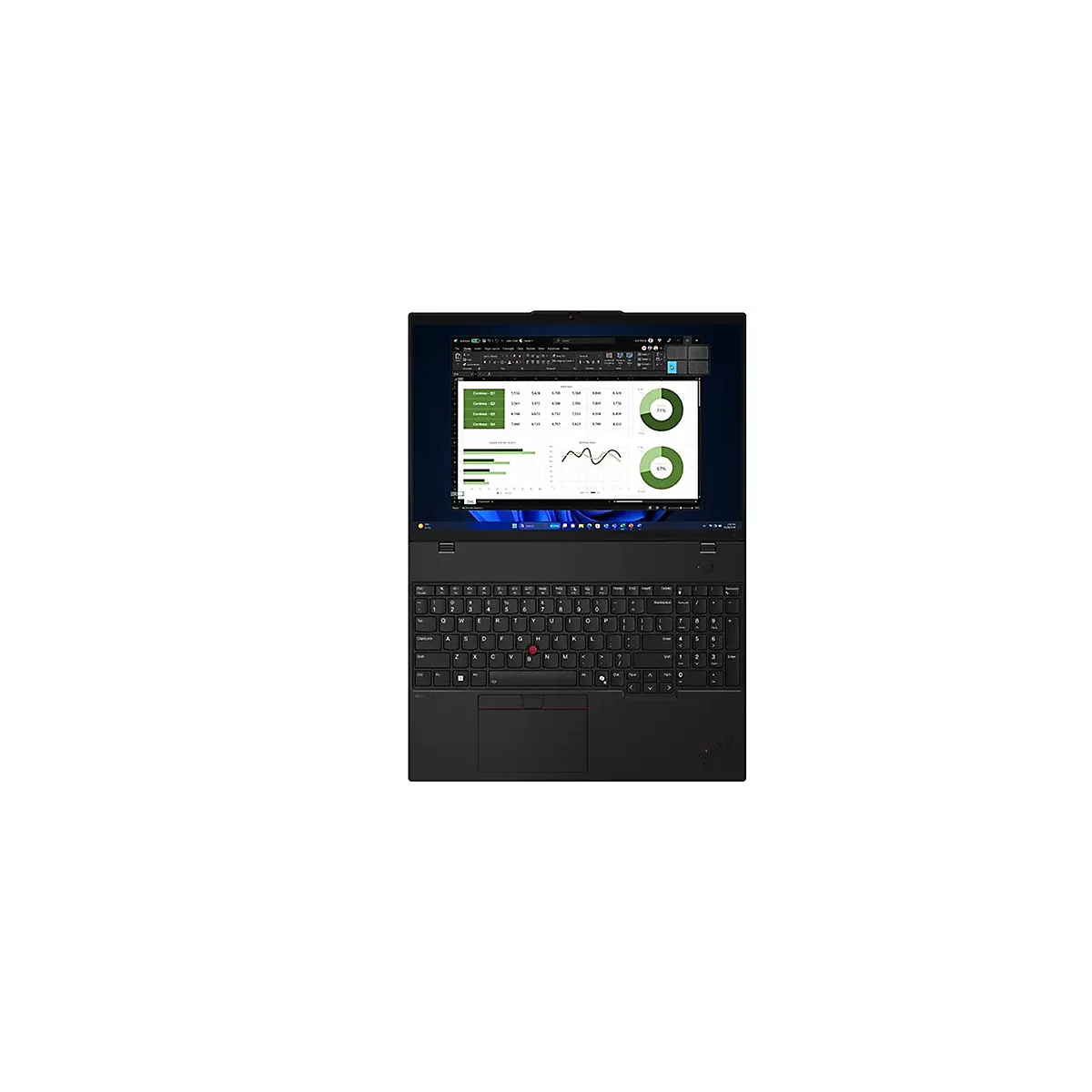 Schwarzes Laptop von oben. Bildschirm zeigt Diagramme, Tabellen, grÃ¼ne Kreise, schwarze Tastatur.