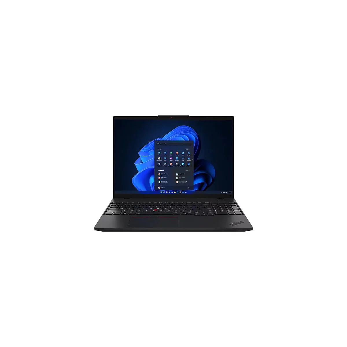 Schwarzer Laptop, Bildschirm zeigt Windows-StartmenÃ¼, auf weiÃŸem Hintergrund.