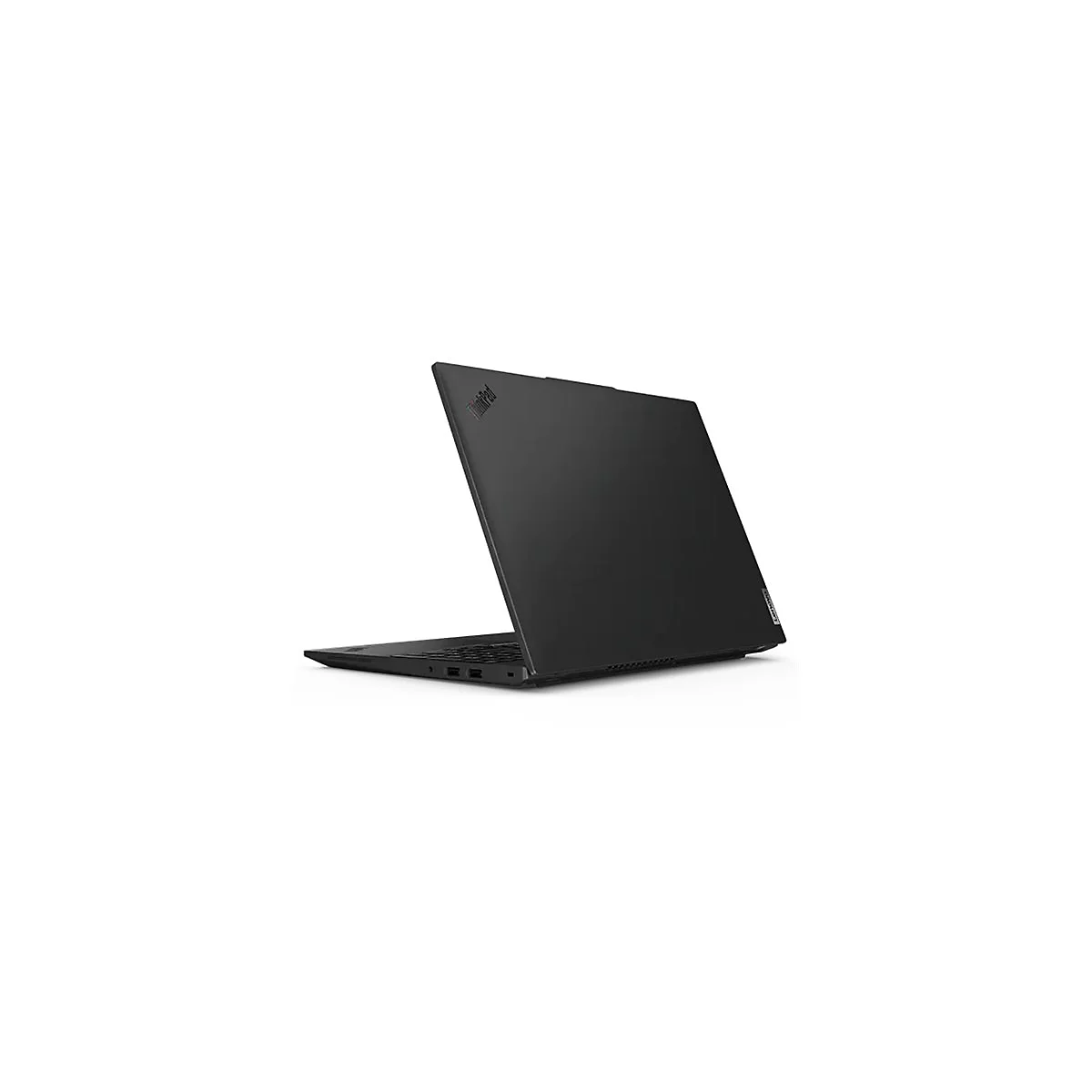 Schwarzes Laptop, leicht geÃ¶ffnet, zeigt Tastatur, auf weiÃŸem Hintergrund. Thinkpad Logo auf dem Deckel.