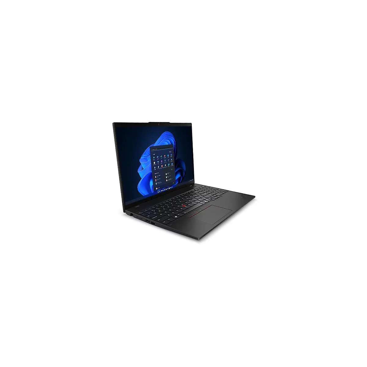 Schwarzes Notebook, leicht von oben links gesehen. Bildschirm zeigt Windows-OberflÃ¤che mit App-Symbolen.