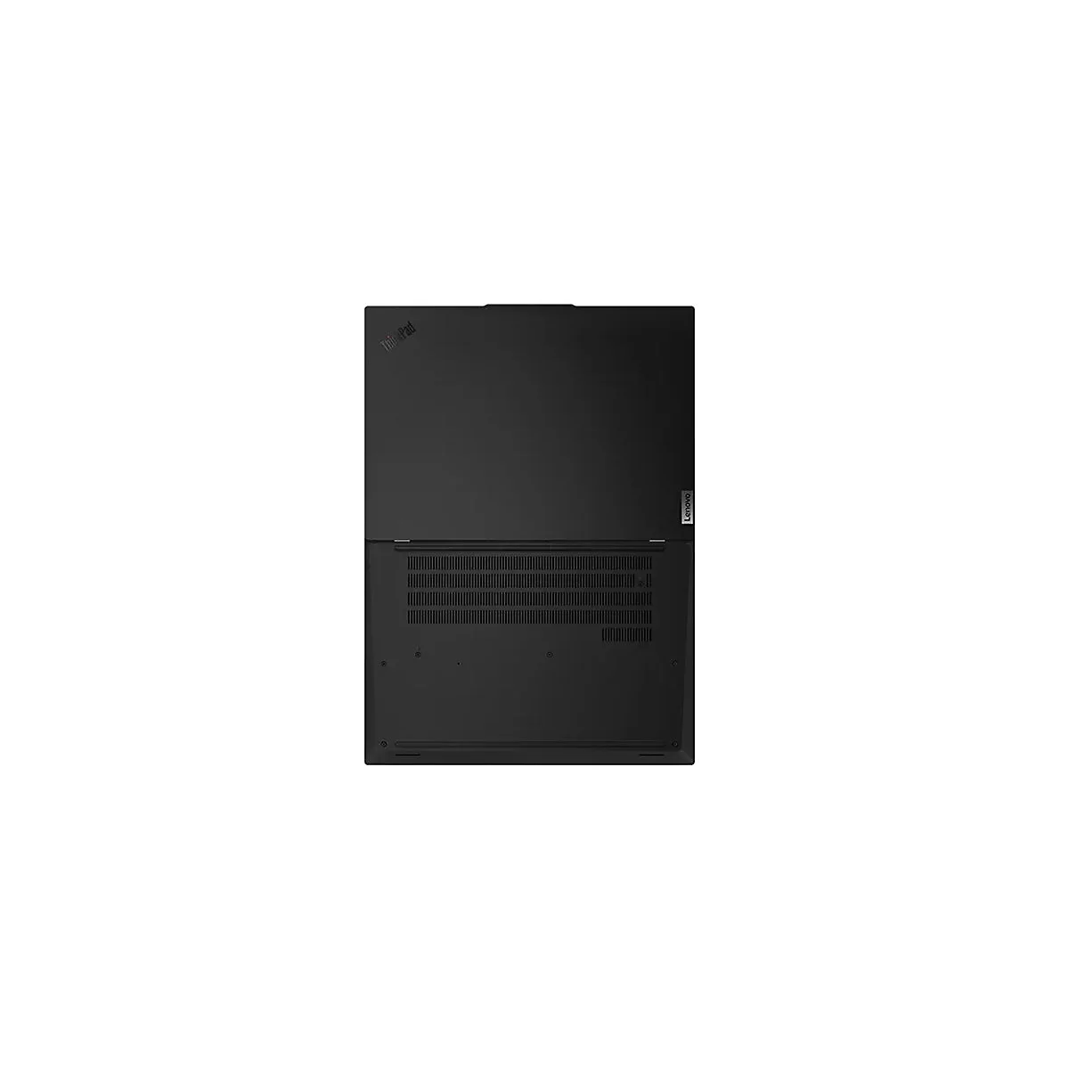 Ansicht von unten eines schwarzen Laptops. Oberer Teil glatt, unterer Teil mit LÃ¼ftungsschlitzen.