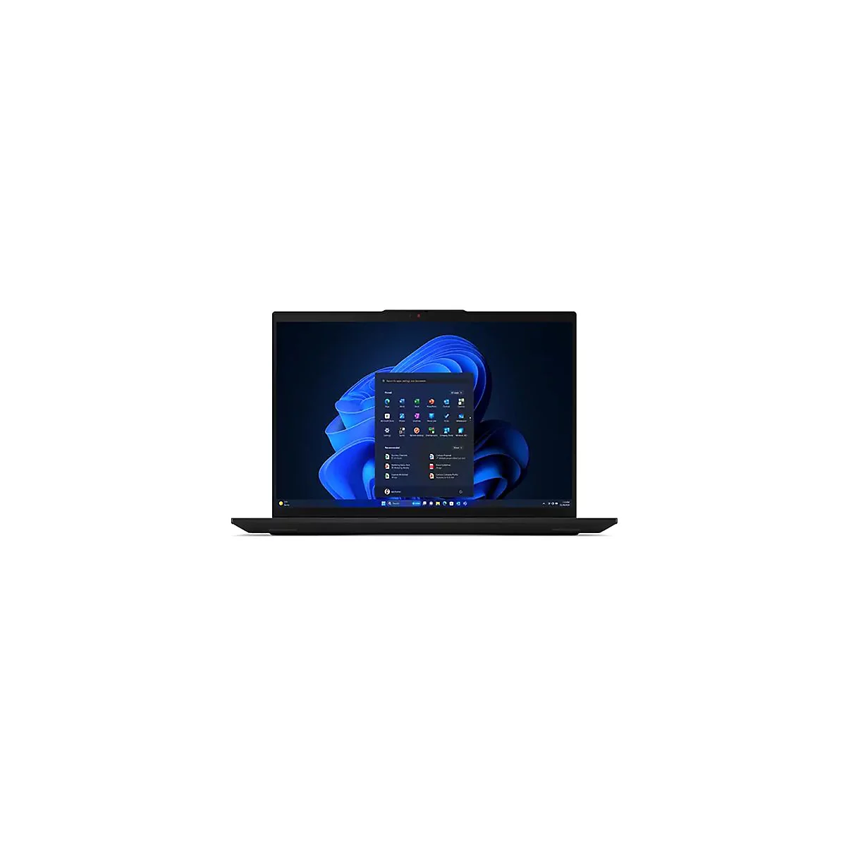Schwarzes Laptop mit Windows 11 StartmenÃ¼ auf weiÃŸem Hintergrund.