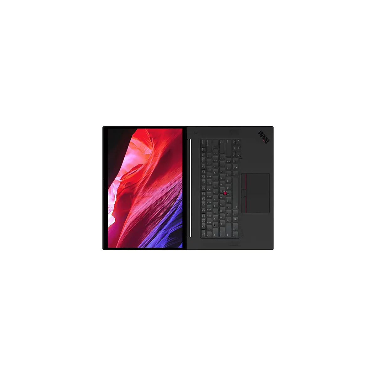 Offener Laptop mit rotem Bildschirmhintergrund und schwarzer Tastatur. Das ThinkPad-Logo ist sichtbar.