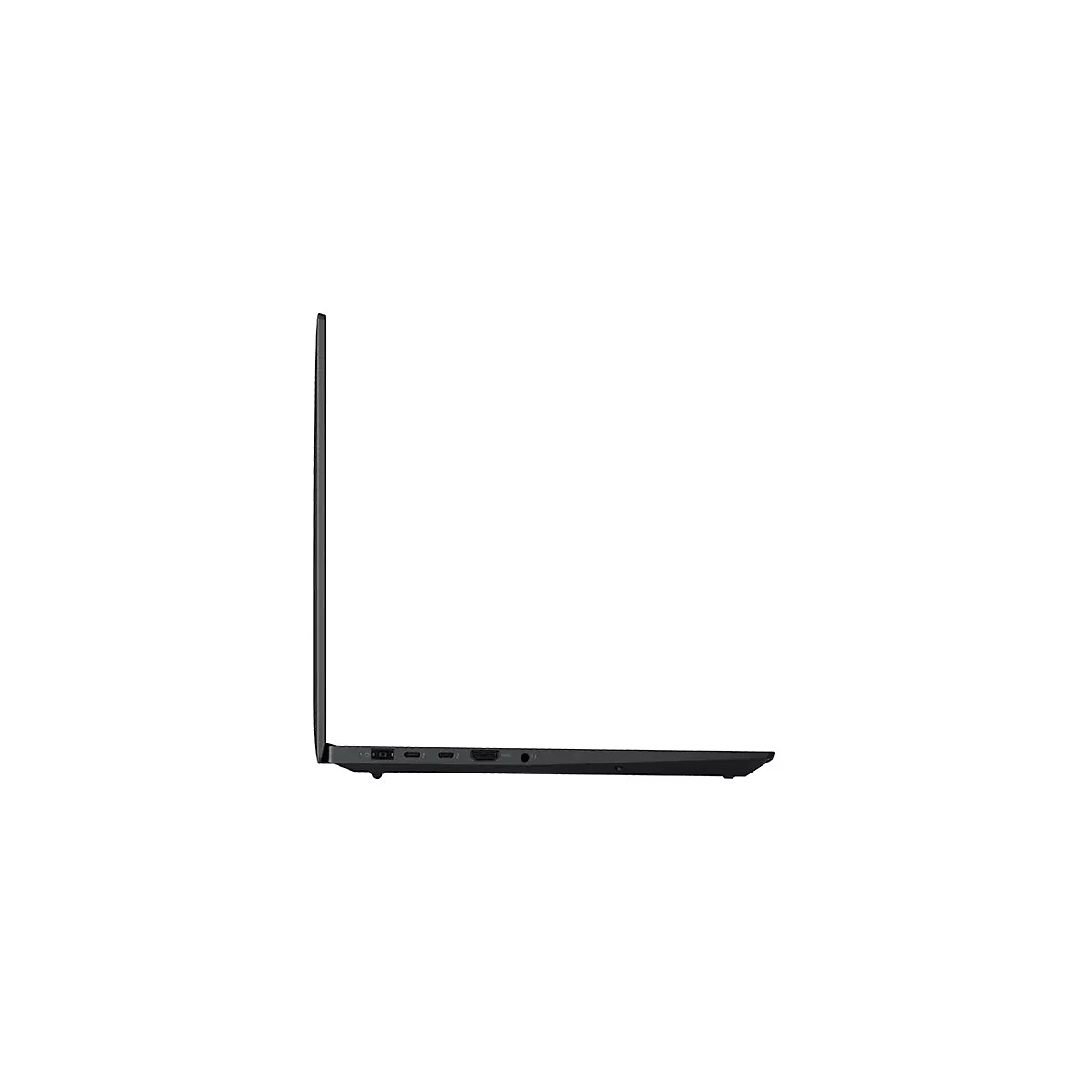 Dunkelgraues Laptop-Seitenprofil, das offen ist. Schwarzer Hintergrund.