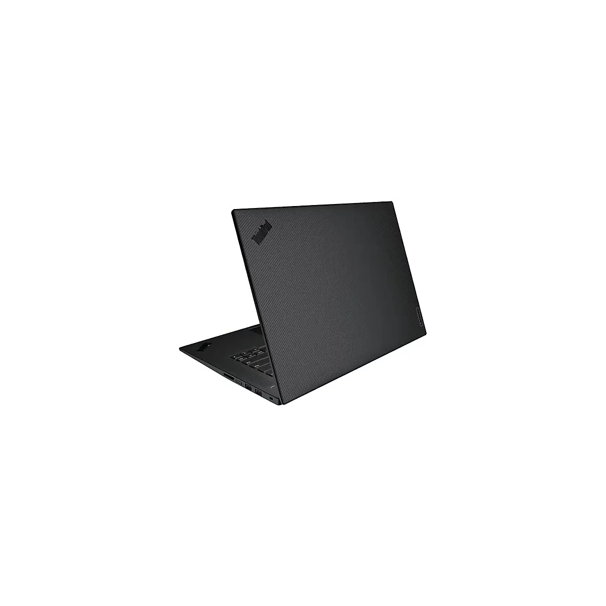 Schwarzes Lenovo ThinkPad Laptop mit strukturierter Oberfläche, geöffnet auf weißem Hintergrund.