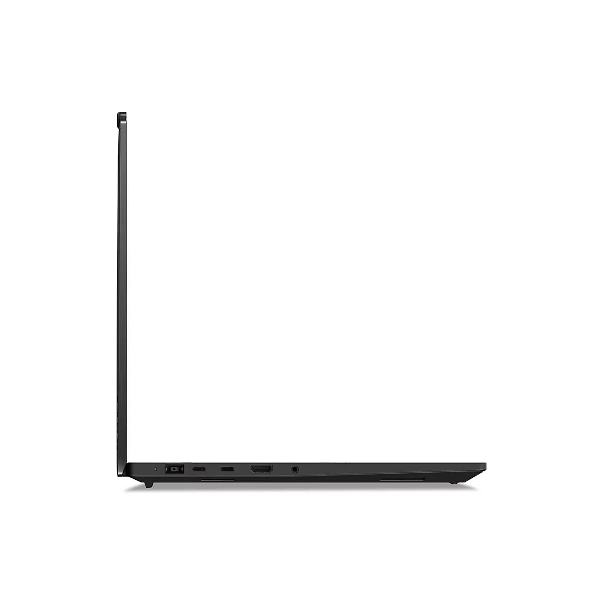 Schwarzes Laptop Profil, Seite. Geöffnet, Bildschirm nach oben. Auf hellem Hintergrund.